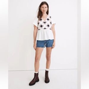 Madewell Flutter - Sleeve Peplum Top in Patchwork Quilted Patterned Blouse